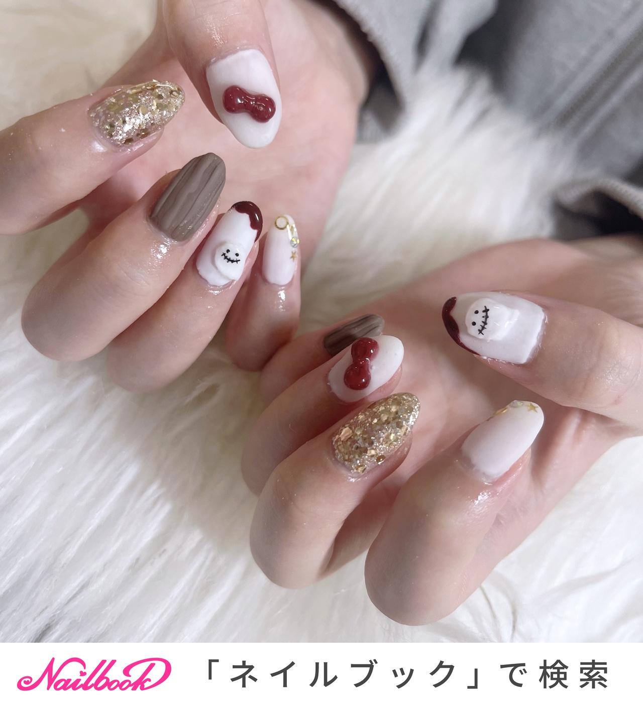 リボン/ゴールド/白のネイルデザイン｜ネイルブック 