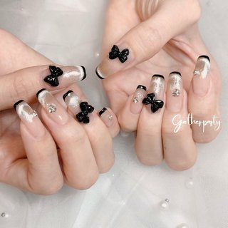 リボン/ワンホン/黒ネイルのネイルデザイン｜ネイルブック 