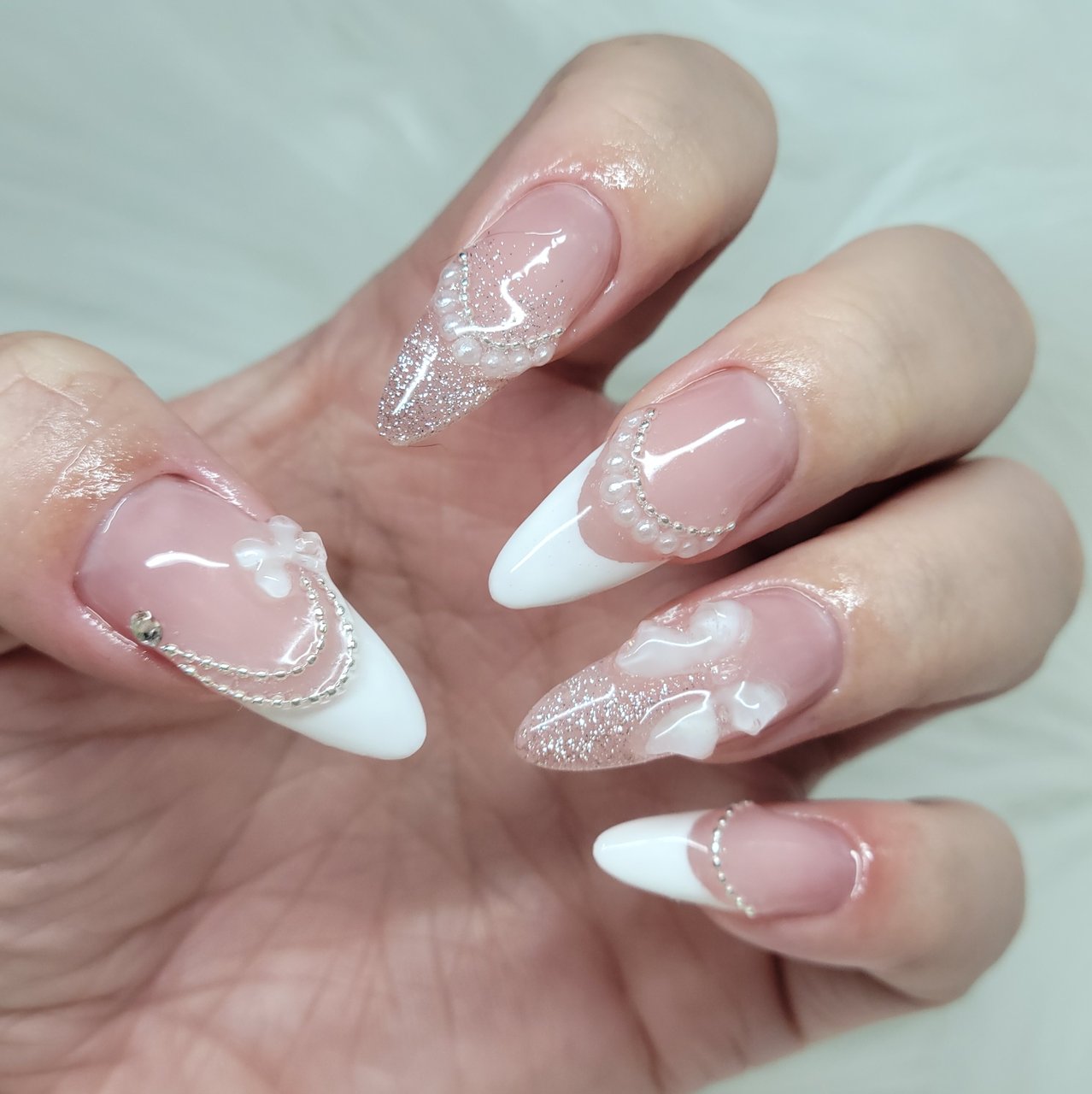 マグネットフレンチ ワンホンネイル リボンネイル 韓国ネイル マグネットフレンチ ワンホンネイル リボンネイル 韓国ネイル