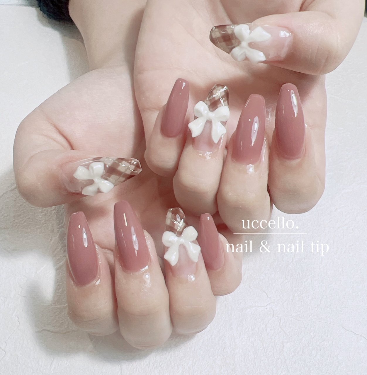 秋/冬/ワンカラー/チェック/リボン - uccello.nailのネイルデザイン[No 