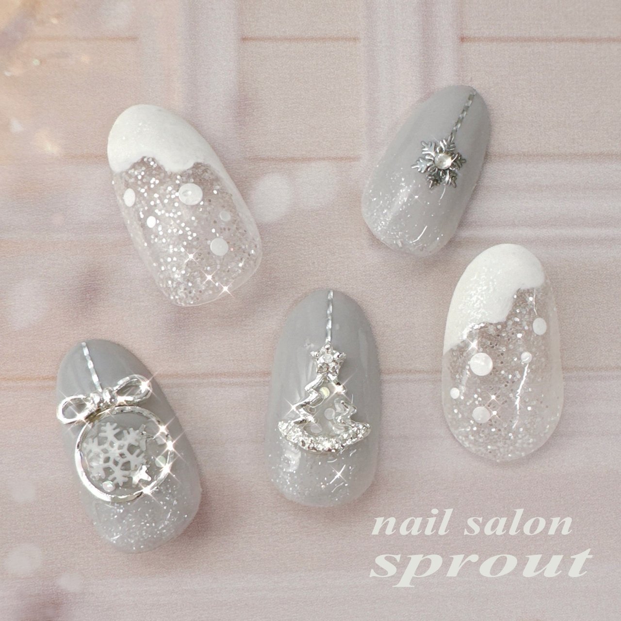 クリスマス/雪の結晶/ミディアム/オーバル/グレー - nailsalon sprout