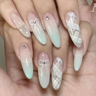 ネイルチップ 量産型 ツイード オレンジ ガーリー 推し リボン #109