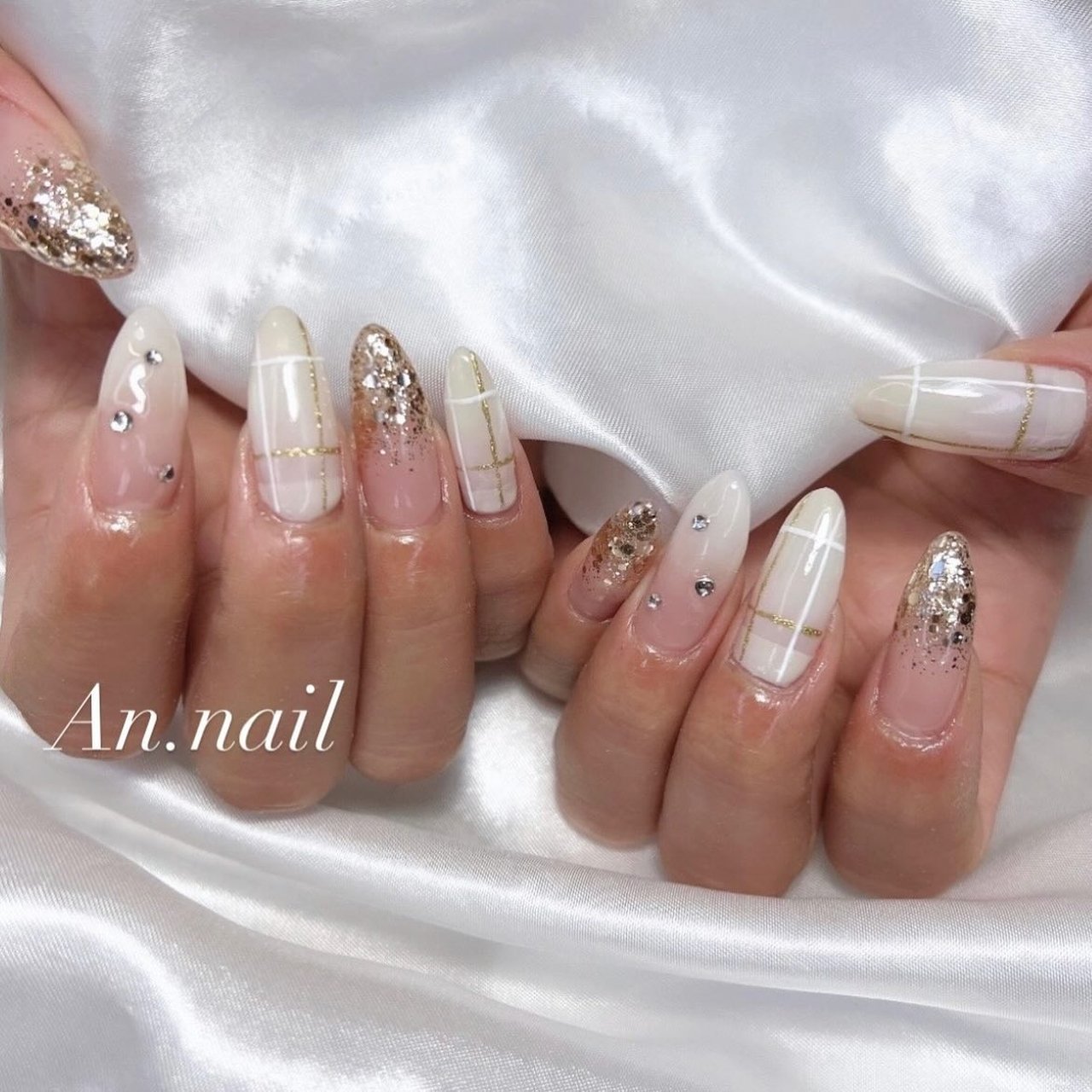 冬/フラッシュ/チェック/ニュアンス/ホワイト - _an.nail__のネイル
