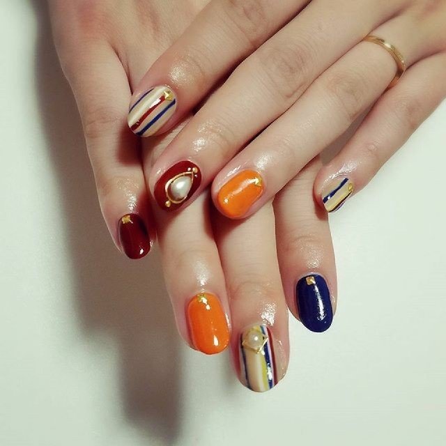 秋 冬 ストライプ オレンジ ネイビー Msnail123のネイルデザイン No ネイルブック