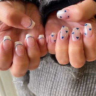 40))ネイルチップ フレンチガーリー ダイヤネイル ブルー 青 夏 ハート