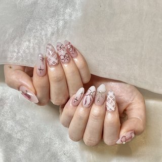 19】淡色ブルーのチェック&リボンネイルチップ （013 量産型 ネイル 