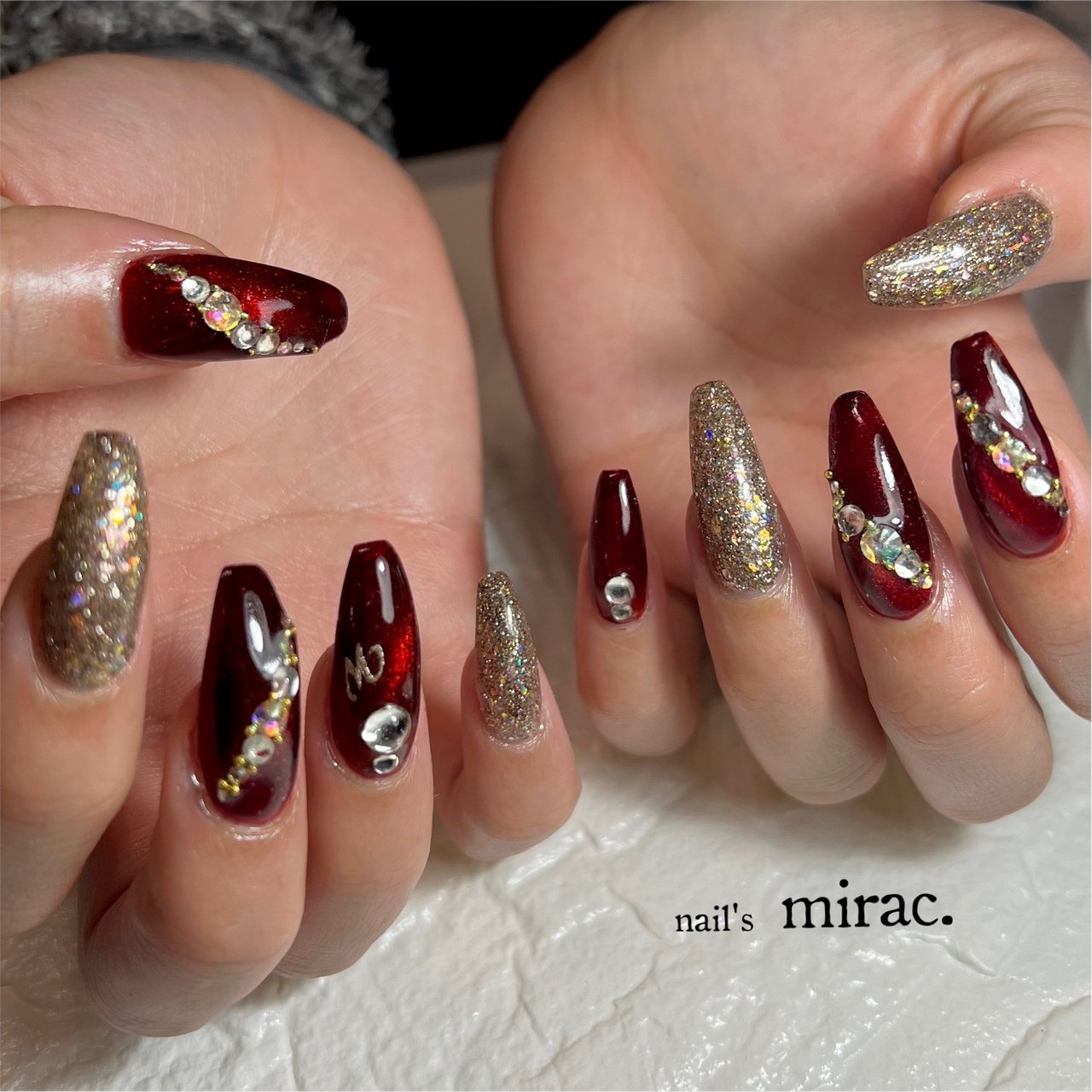ハンド/ロング/ボルドー/ゴールド/シルバー - nail'smirac.☆林 智子の