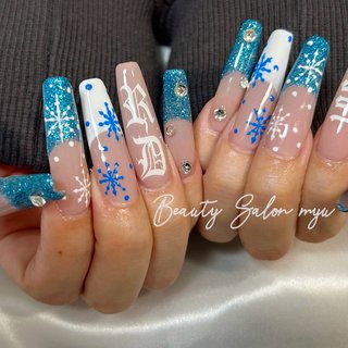 フレンチ/雪の結晶/ブルーのネイルデザイン｜ネイルブック