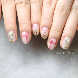 オーダー】ネイルチップツイードチェックピンクキラキラリボン