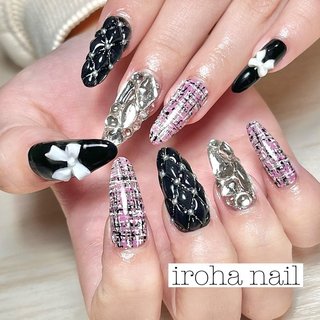 オーダー】ツイード 黒 キルティング シュガー ネイルチップ