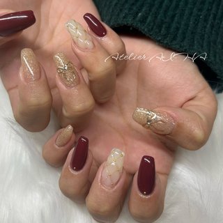 #オールシーズン #ハンド #キルティング #ロング #スクエア #ベージュ #ボルドー #ゴールド #ジェルネイル #お客様 #atelier_aiha #ネイルブック