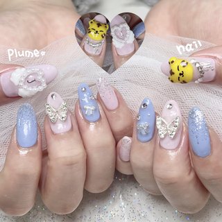 【オーダー】ネイルチップ　韓国ワンホンドットリボンキラキラ推し参戦ブルーホワイト オーダー】ネイルチップ韓国ワンホンドットリボンキラキラ推し参戦