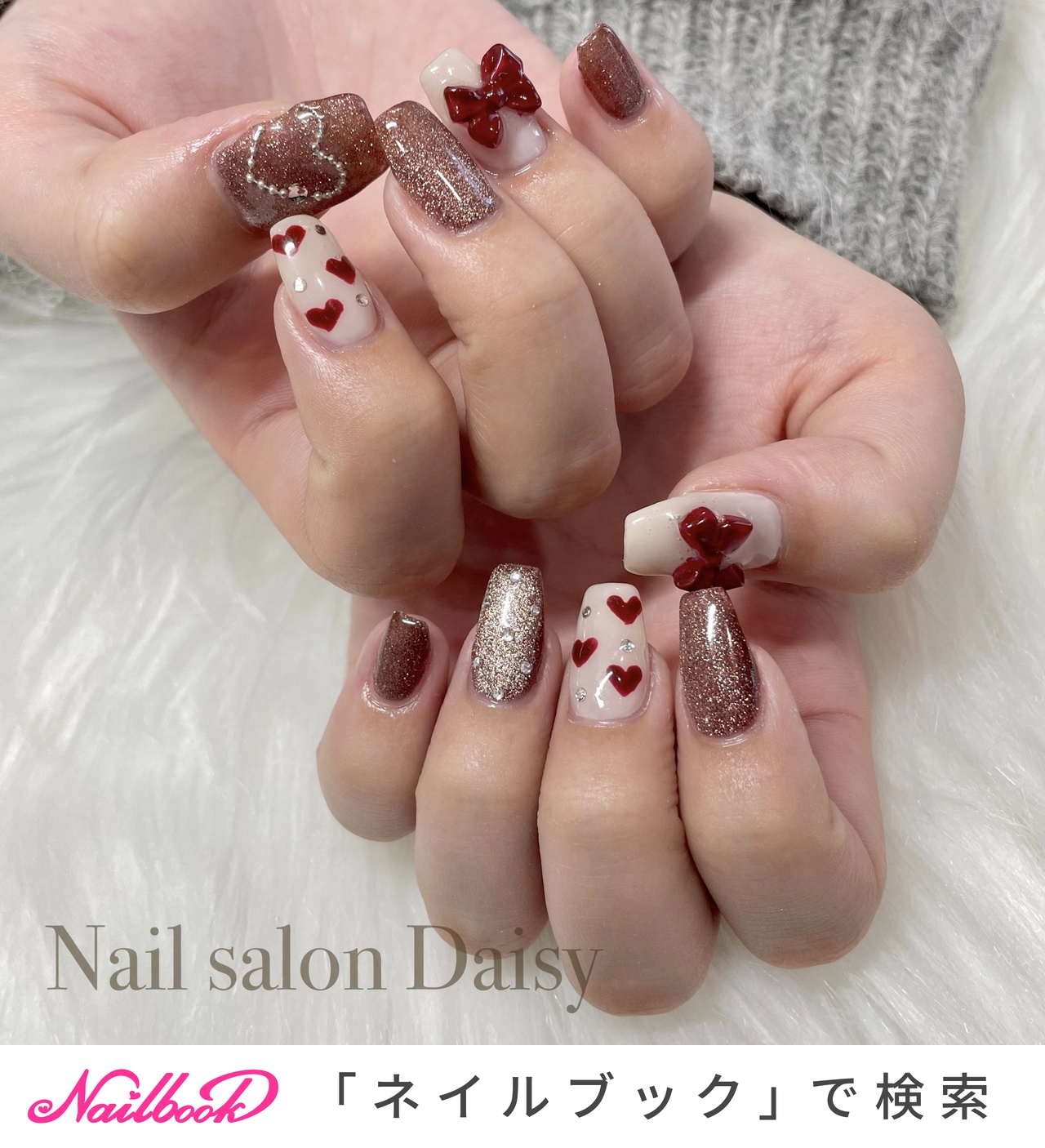 【オーダー】ネイルチップ　ボルドー　キラキラリボン手書きハート　ワンホン韓国 オーダー】ネイルチップ ボルドー キラキラリボン手書きハート