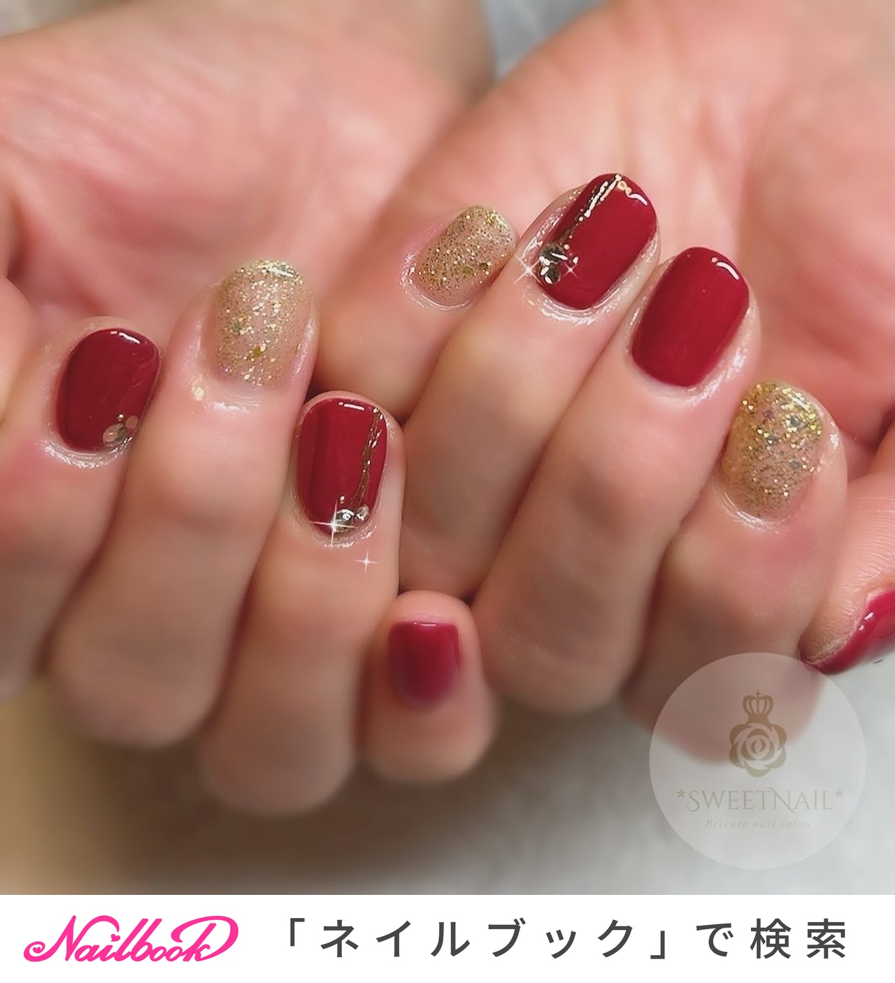 ネイル 赤 ゴールド