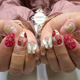 【 105 】ネイルチップ ぷっくりお花ネイル 春 フレンチ 成人式 入学式 105 】ネイルチップ ぷっくりお花ネイル 春 フレンチ 成人式 入学式