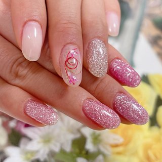 ピンクベージュラメ水引フラワーニュアンスネイル ちゅるん 冬 前撮り