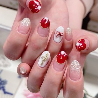 水引フラワーニュアンスネイル ラメ ミラー 赤推し ちゅるん 成人式 前