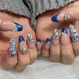 フレンチ/ツイード/ブルーのネイルデザイン｜ネイルブック