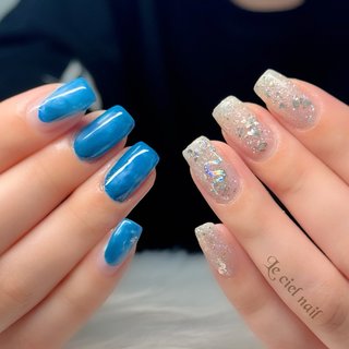 #ニュアンス #マーブル
#アシメ
#アシンメトリーネイル 
#スクエア
#ラメ
#フラッシュ
#ホログラム #ライブ #パーティー #ハンド #フラッシュ #ラメ #ニュアンス #キラキラ #ショート #スクエアオフ #ネイビー #シルバー #メタリック #ジェルネイル #お客様 #LecielNail #ネイルブック