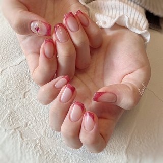  #手が綺麗に見えるネイル #冬 #オールシーズン #バレンタイン #ハンド #フレンチ #ハート #リング #ミディアム #スクエア #ピンク #レッド #ジェルネイル #お客様 #nail kind #ネイルブック