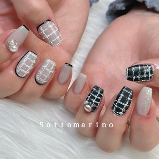 ♡モノトーングレーチェックネイル♡ ネイルチップハンドメイド