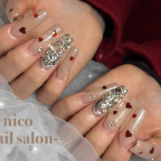 #バレンタインネイル #バレンタイン #ハンド #ハート #ギャラクシー #キラキラ #ロング #スクエア #ベージュ #ジェルネイル #お客様 #nico-nail salon- #ネイルブック