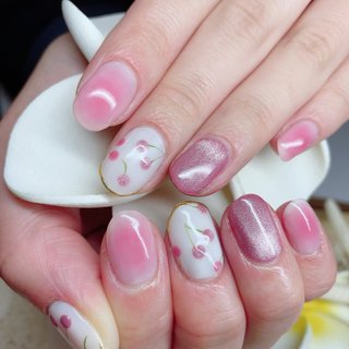 ネイル ネイルチップオーダー さくらんぼ ぷっくり チークネイル 春 夏 韓国 人気のチーク×ぷっくりさくらんぼネイル登場🍒✨ つやっとジューシーで