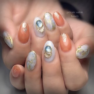 サイズオーダー♡天然石風ニュアンス×ミラーネイルチップオレンジ