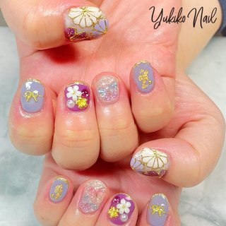 ネイルチップNo.12ぷっくりフラワー ホワイト グリーン ニュアンス振袖  