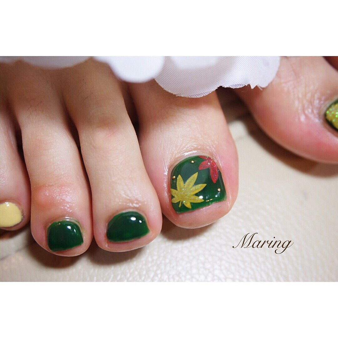 秋 フット 和 グリーン ペディキュア Nailsalon Maring マリング のネイルデザイン No ネイルブック