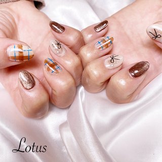 チェック/ブルー/ブラウンのネイルデザイン｜ネイルブック ネイル