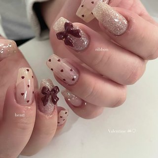 ネイルチップ ボルドー 赤 リボン ハート ストーン フレンチガーリー
