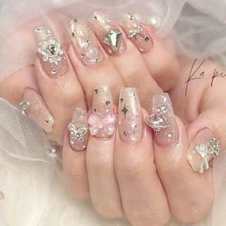 【オーダー】ネイルチップ　キルティング韓国ワンホンキラキラリボンベイビーブーマー オーダー】ネイルチップキルティング韓国ワンホンキラキラリボン