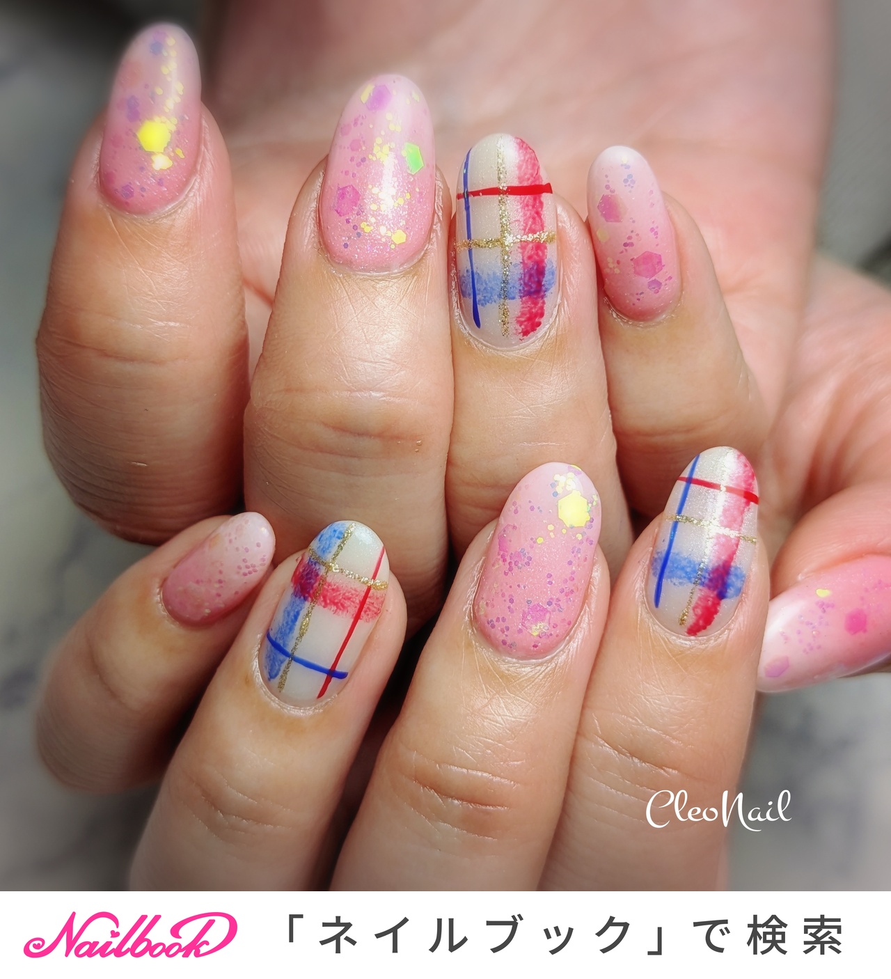 ♡ピンクチェックとチークネイル♡ ネイルチップハンドメイド