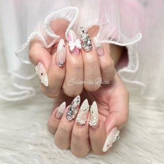 ジェルネイルチップ　ピンク　フレンチ　リボン　埋め尽くし　ハート ジェルネイルチップピンクフレンチリボン埋め尽くしハート