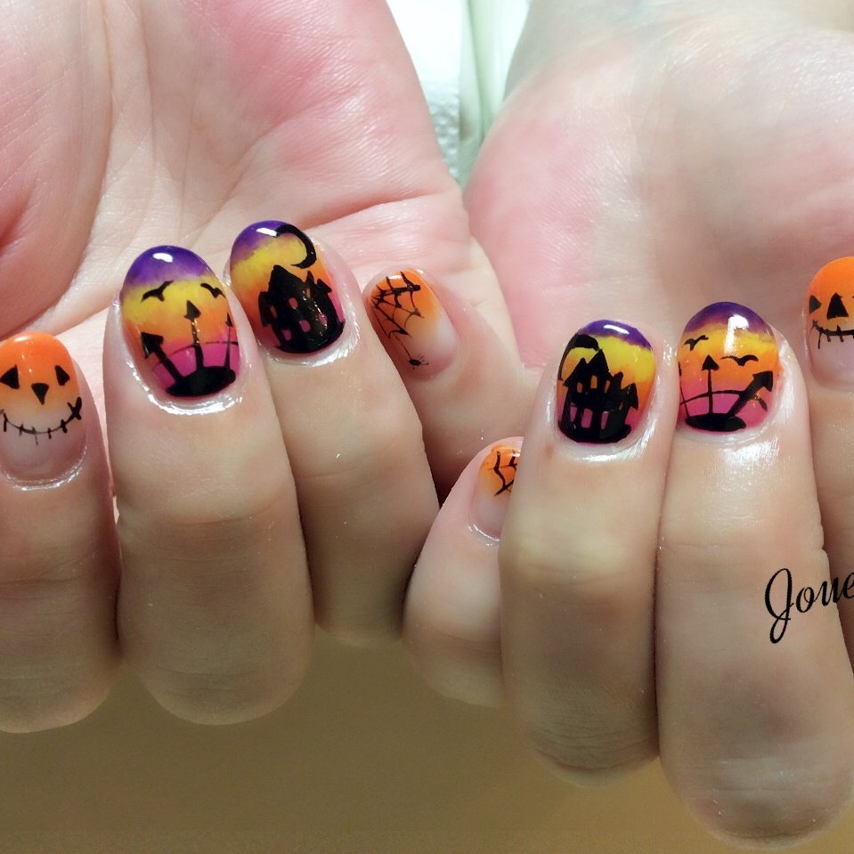 秋 ハロウィン キャラクター ボーダー カラフル Nail Jouer ジュエ のネイルデザイン No ネイルブック
