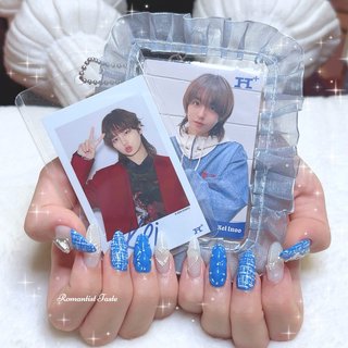 No.285 くすみブルーのリボンキラキラツイード/ ネイルチップ 韓国 No