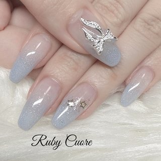 オーダーネイルチップ ブルー マグネット グラデーション リボン