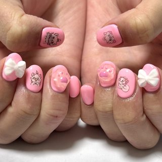 ぷっくり　貝殻ネイル　ねこ　肉球　ネイルチップ　オーダー　リボン ぷっくり貝殻ネイルねこ肉球ネイルチップオーダーリボン
