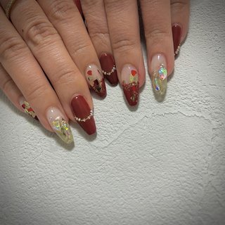 73))ボルドー クリスマスネイル フレンチガーリー ネイルチップ 埋め