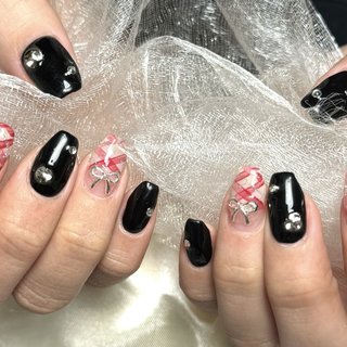 オーダー】୨୧黒チェックネイル♡フレンチガーリー韓国ワンホン