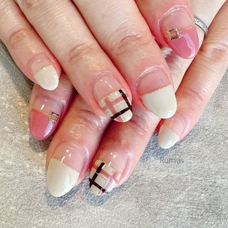 着画あり】チェック柄ブラウンフレンチネイルシンプル可愛いワン