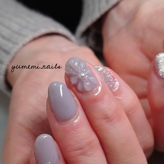 ネイルチップ #02 ブルーグレー マーブル ぷっくりフラワーネイル