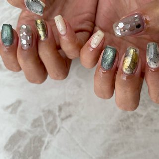 #個性派#ニュアンス#インク#インクアート#ミラー#ホロ#マグネット #オールシーズン #卒業式 #入学式 #ハンド #ニュアンス #マグネット #ぷっくり #インクネイル #ミディアム #スクエア #ターコイズ #ブラック #シルバー #ジェルネイル #お客様 #yumi #ネイルブック