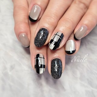 ♡モノトーングレーチェックネイル♡ ネイルチップハンドメイド
