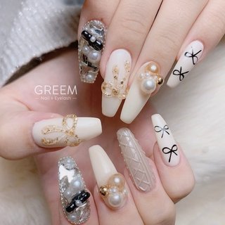 リボン/モノトーン/韓国ネイルのネイルデザイン｜ネイルブック 