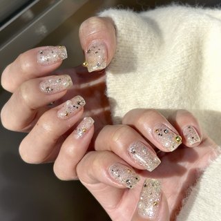  #春 #夏 #リゾート #ライブ #ハンド #ニュアンス #ロング #スクエア #ゴールド #シルバー #ジェルネイル #お客様 #Y nail!! 4753 #ネイルブック