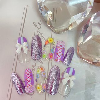 フラワー/ロング/パープル - iroha_nail.neのネイルデザイン[No