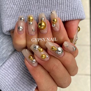 #夏 #冬 #オールシーズン #成人式 #ハンド #パール #ドット #ニュアンス #個性派 #ロング #スクエア #ベージュ #ゴールド #シルバー #ジェルネイル #お客様 #an #ネイルブック