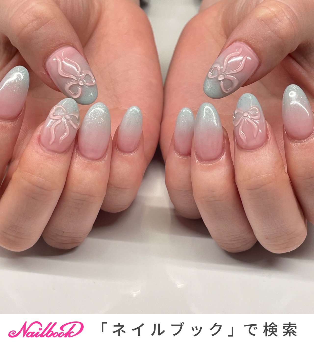 【着画あり】ハンドメイド　ネイルチップオーダー　リボン　可愛い　韓国ネイル　水色 着画あり】ハンドメイド ネイルチップオーダー リボン 可愛い